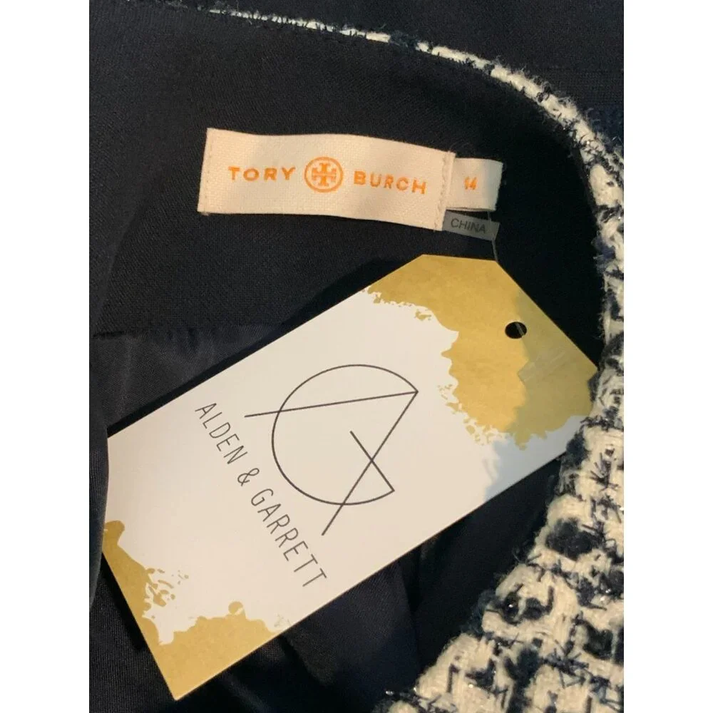 Tory Burch Lucille Metallic Tweed White & Navy Blue Wool Jacket, Size 14